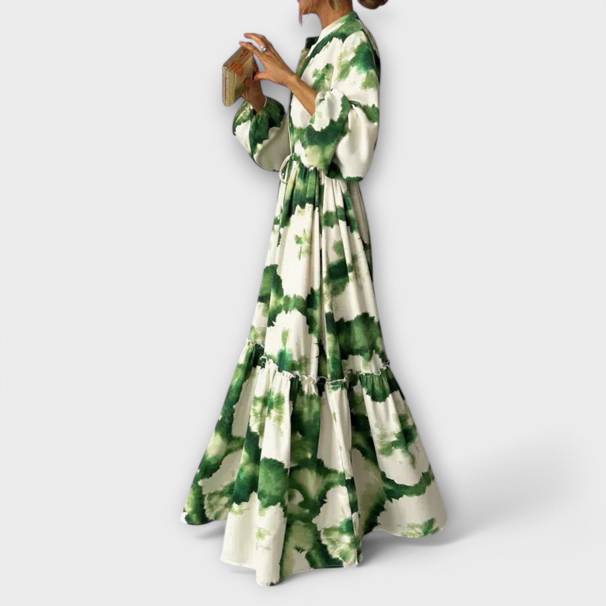 Melina - Green long-sleeved maxi dress with a v-neck